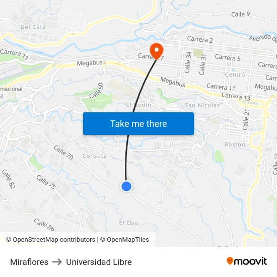 Miraflores to Universidad Libre map