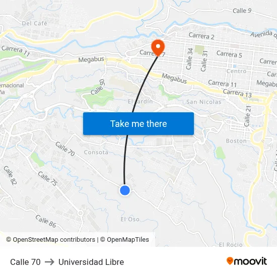 Calle 70 to Universidad Libre map