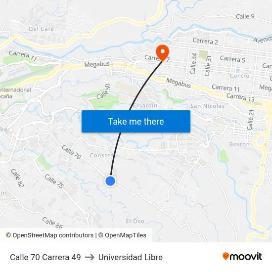 Calle 70 Carrera 49 to Universidad Libre map