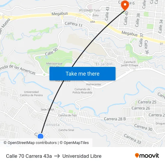 Calle 70 Carrera 43a to Universidad Libre map