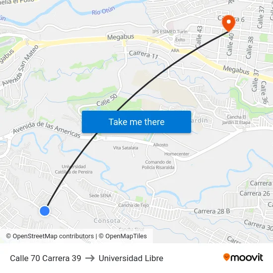 Calle 70 Carrera 39 to Universidad Libre map