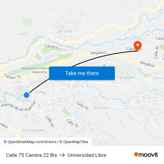 Calle 75 Carrera 22 Bis to Universidad Libre map