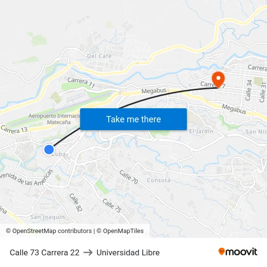 Calle 73 Carrera 22 to Universidad Libre map