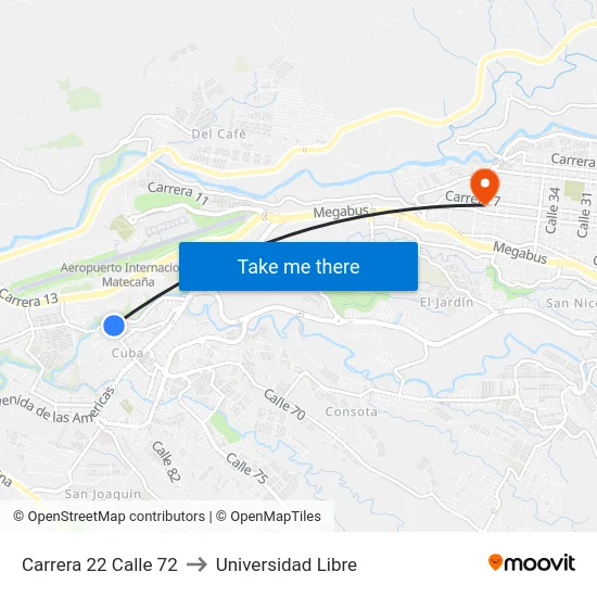 Carrera 22 Calle 72 to Universidad Libre map