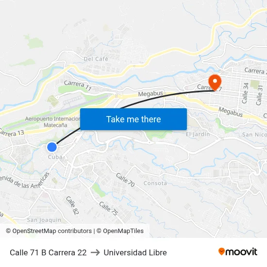 Calle 71 B Carrera 22 to Universidad Libre map