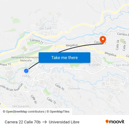 Carrera 22 Calle 70b to Universidad Libre map