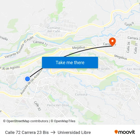 Calle 72 Carrera 23 Bis to Universidad Libre map