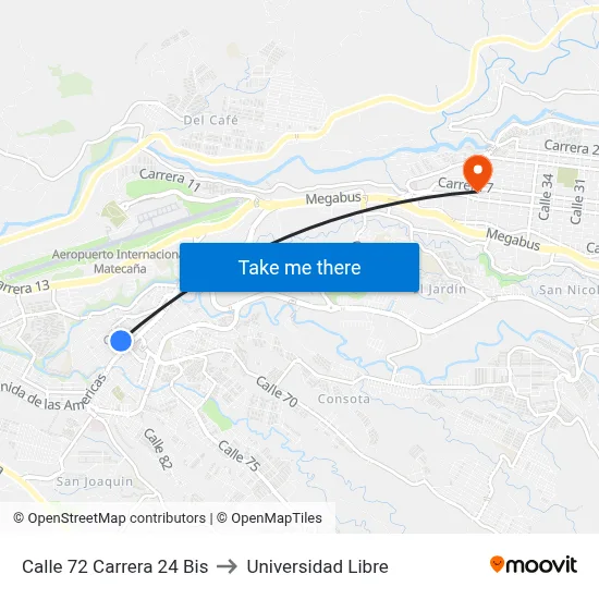 Calle 72 Carrera 24 Bis to Universidad Libre map