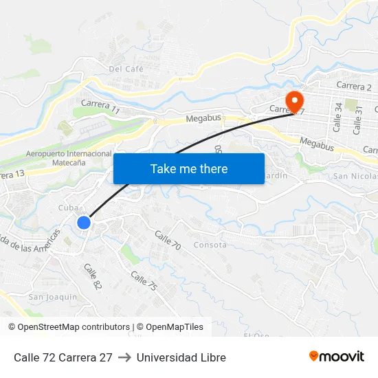 Calle 72 Carrera 27 to Universidad Libre map