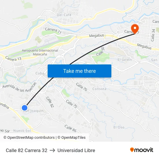 Calle 82 Carrera 32 to Universidad Libre map