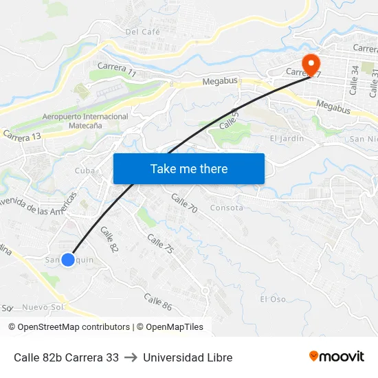 Calle 82b Carrera 33 to Universidad Libre map