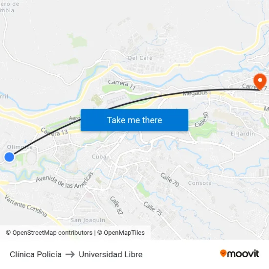 Clínica Policía to Universidad Libre map