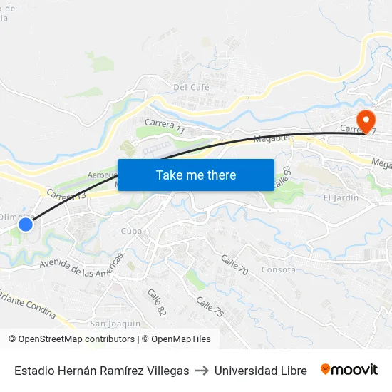 Estadio Hernán Ramírez Villegas to Universidad Libre map