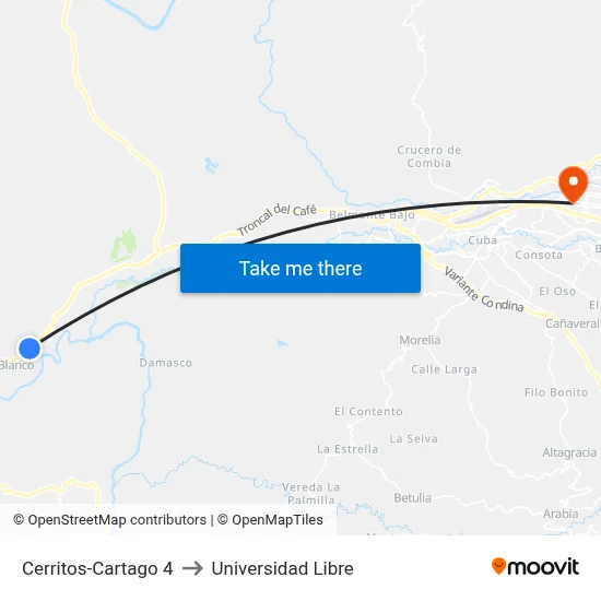 Cerritos-Cartago 4 to Universidad Libre map