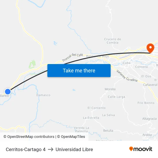 Cerritos-Cartago 4 to Universidad Libre map