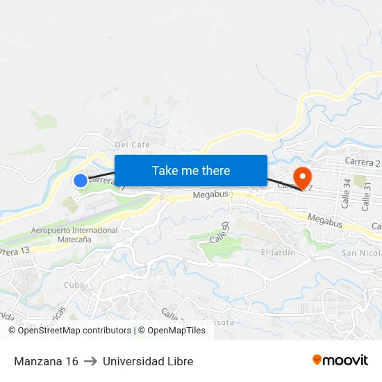 Manzana 16 to Universidad Libre map