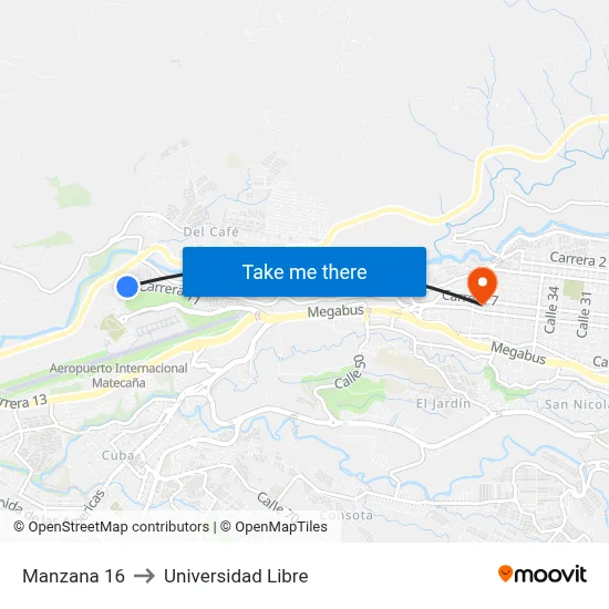 Manzana 16 to Universidad Libre map