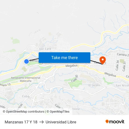 Manzanas 17 Y 18 to Universidad Libre map