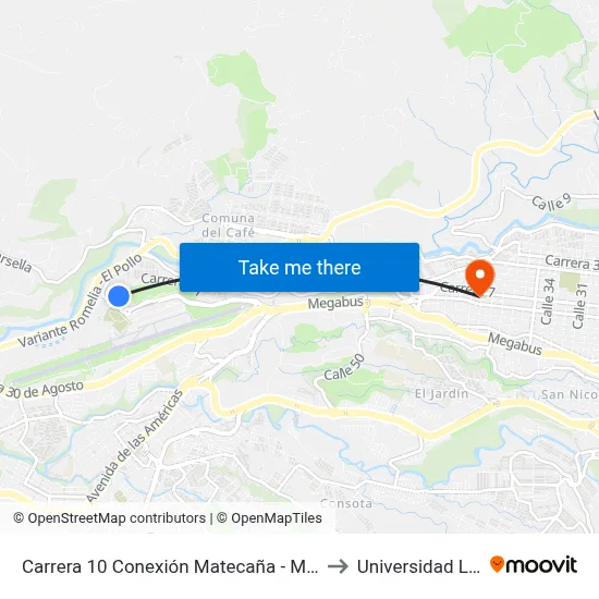 Carrera 10 Conexión Matecaña - Marsella to Universidad Libre map