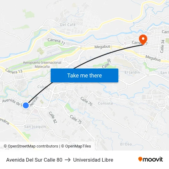 Avenida Del Sur Calle 80 to Universidad Libre map