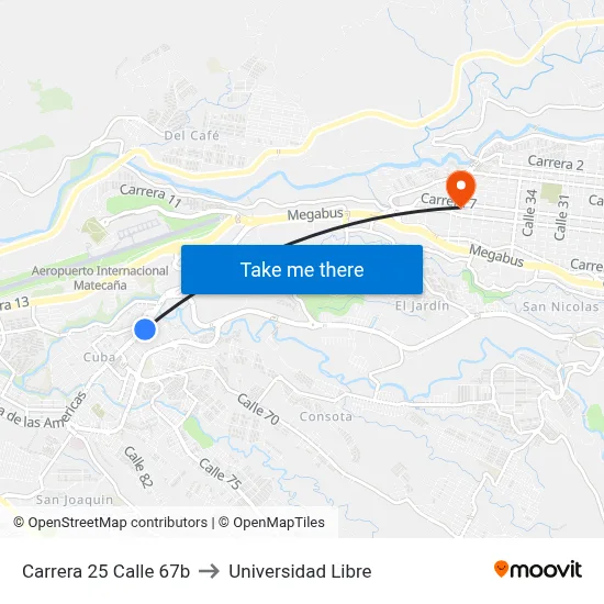 Carrera 25 Calle 67b to Universidad Libre map