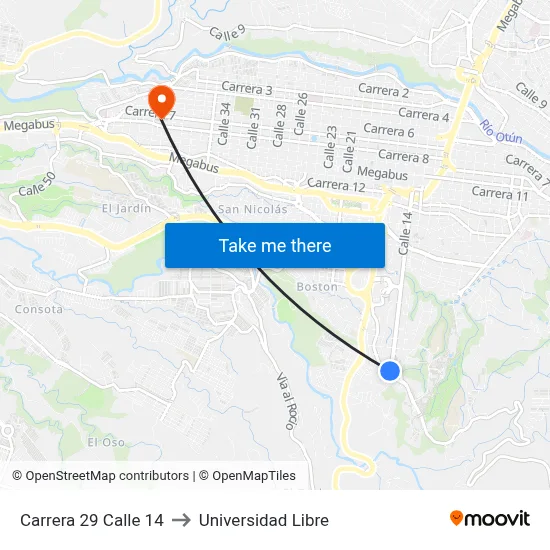 Carrera 29 Calle 14 to Universidad Libre map