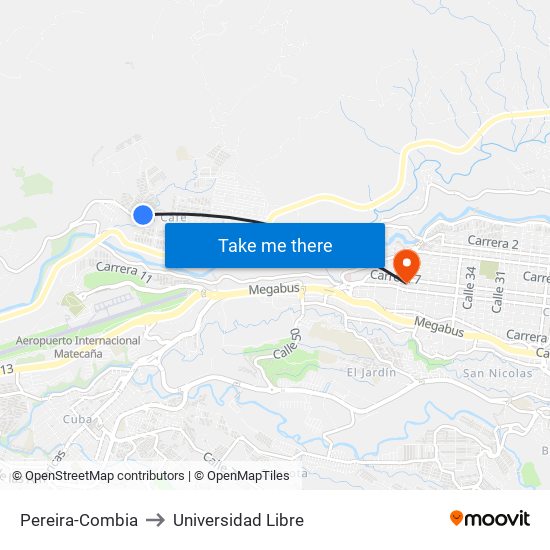 Pereira-Combia to Universidad Libre map