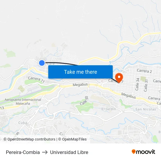 Pereira-Combia to Universidad Libre map