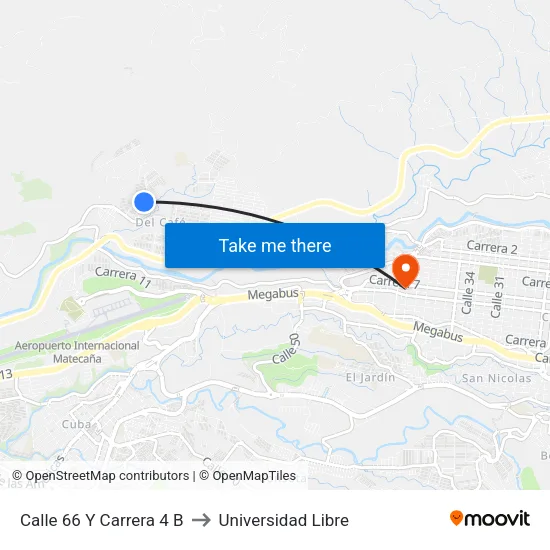Calle 66 Y Carrera 4 B to Universidad Libre map