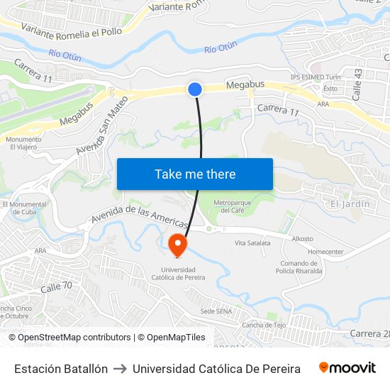 Estación Batallón to Universidad Católica De Pereira map