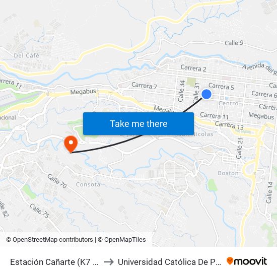 Estación Cañarte (K7 Cl28) to Universidad Católica De Pereira map