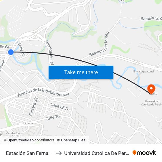 Estación San Fernando to Universidad Católica De Pereira map