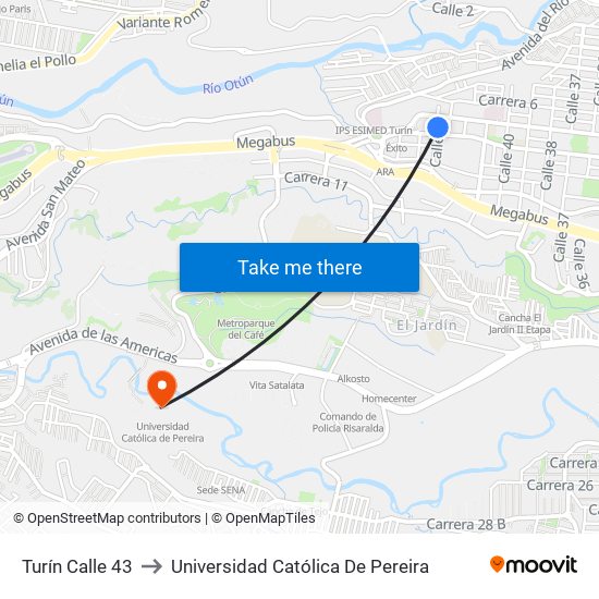 Turín Calle 43 to Universidad Católica De Pereira map