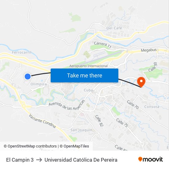El Campin 3 to Universidad Católica De Pereira map