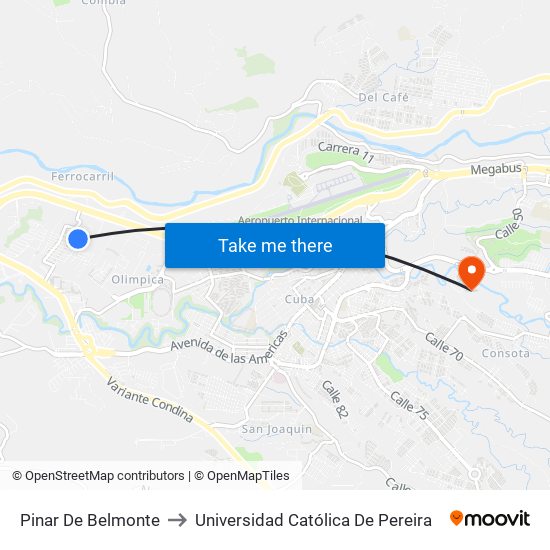 Pinar De Belmonte to Universidad Católica De Pereira map