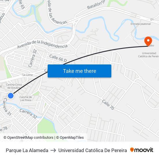 Parque La Alameda to Universidad Católica De Pereira map