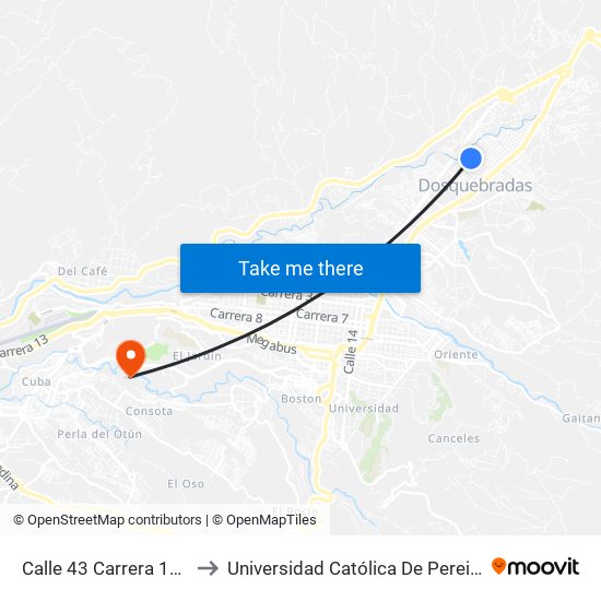 Calle 43 Carrera 108 to Universidad Católica De Pereira map