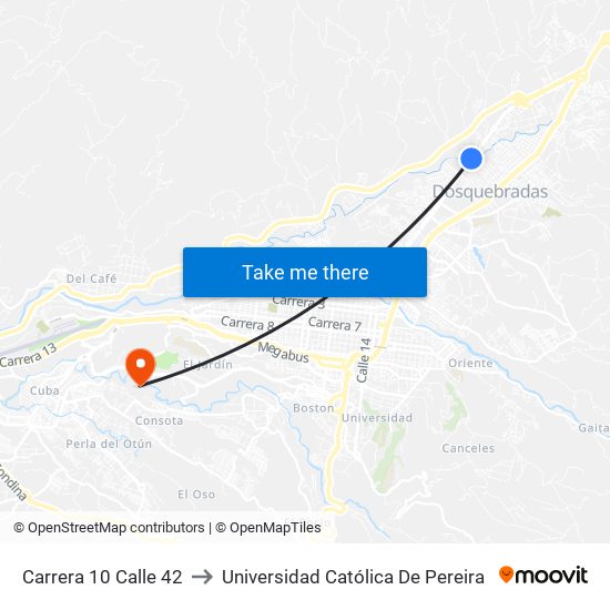 Carrera 10 Calle 42 to Universidad Católica De Pereira map