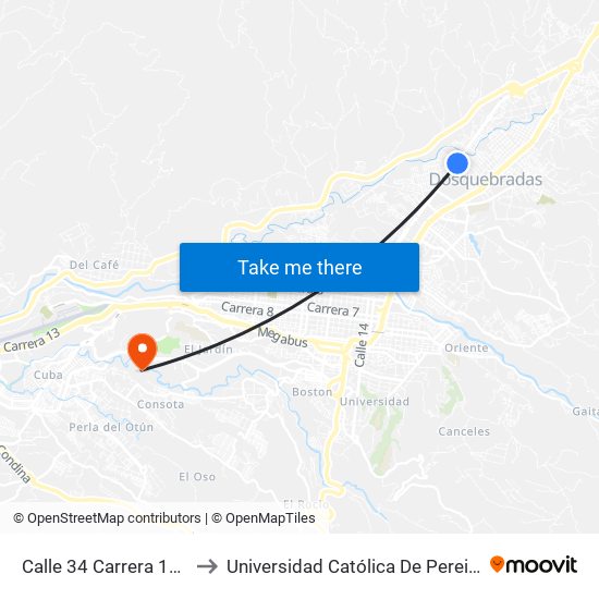 Calle 34 Carrera 10b to Universidad Católica De Pereira map