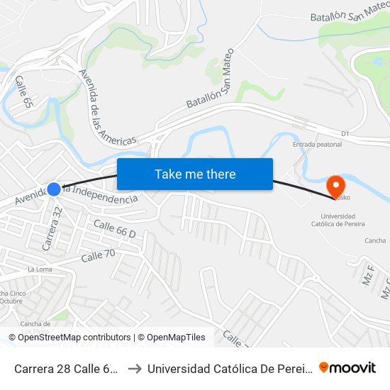 Carrera 28 Calle 66b to Universidad Católica De Pereira map