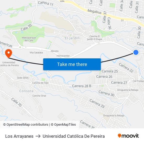 Los Arrayanes to Universidad Católica De Pereira map