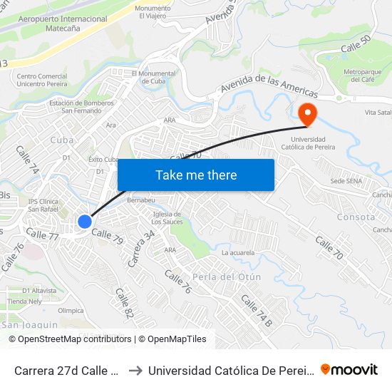 Carrera 27d Calle 76 to Universidad Católica De Pereira map