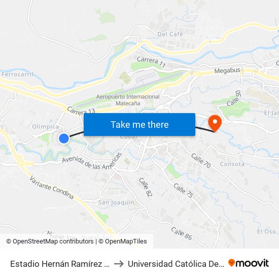 Estadio Hernán Ramírez Villegas to Universidad Católica De Pereira map