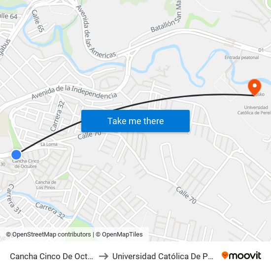 Cancha Cinco De Octubre to Universidad Católica De Pereira map