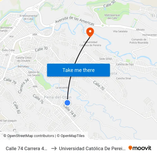 Calle 74 Carrera 40c to Universidad Católica De Pereira map