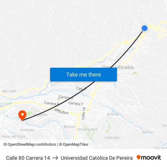 Calle 80 Carrera 14 to Universidad Católica De Pereira map