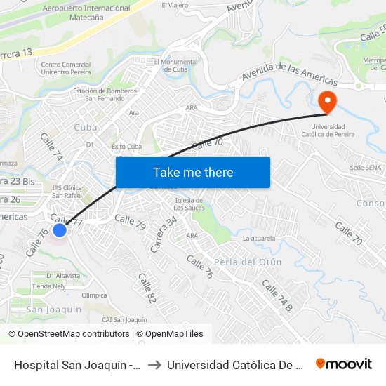 Hospital San Joaquín - Cuba to Universidad Católica De Pereira map