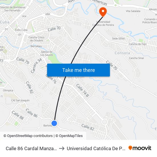 Calle 86 Cardal Manzanal D to Universidad Católica De Pereira map