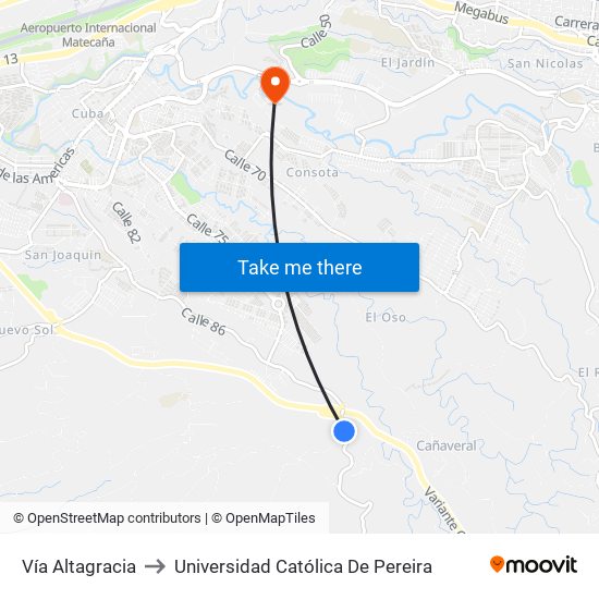 Vía Altagracia to Universidad Católica De Pereira map