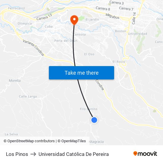 Los Pinos to Universidad Católica De Pereira map